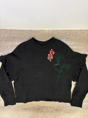 ZARA Collection Black Embroidered Floral Ruffle Sleeve Cropped Sweater Size S